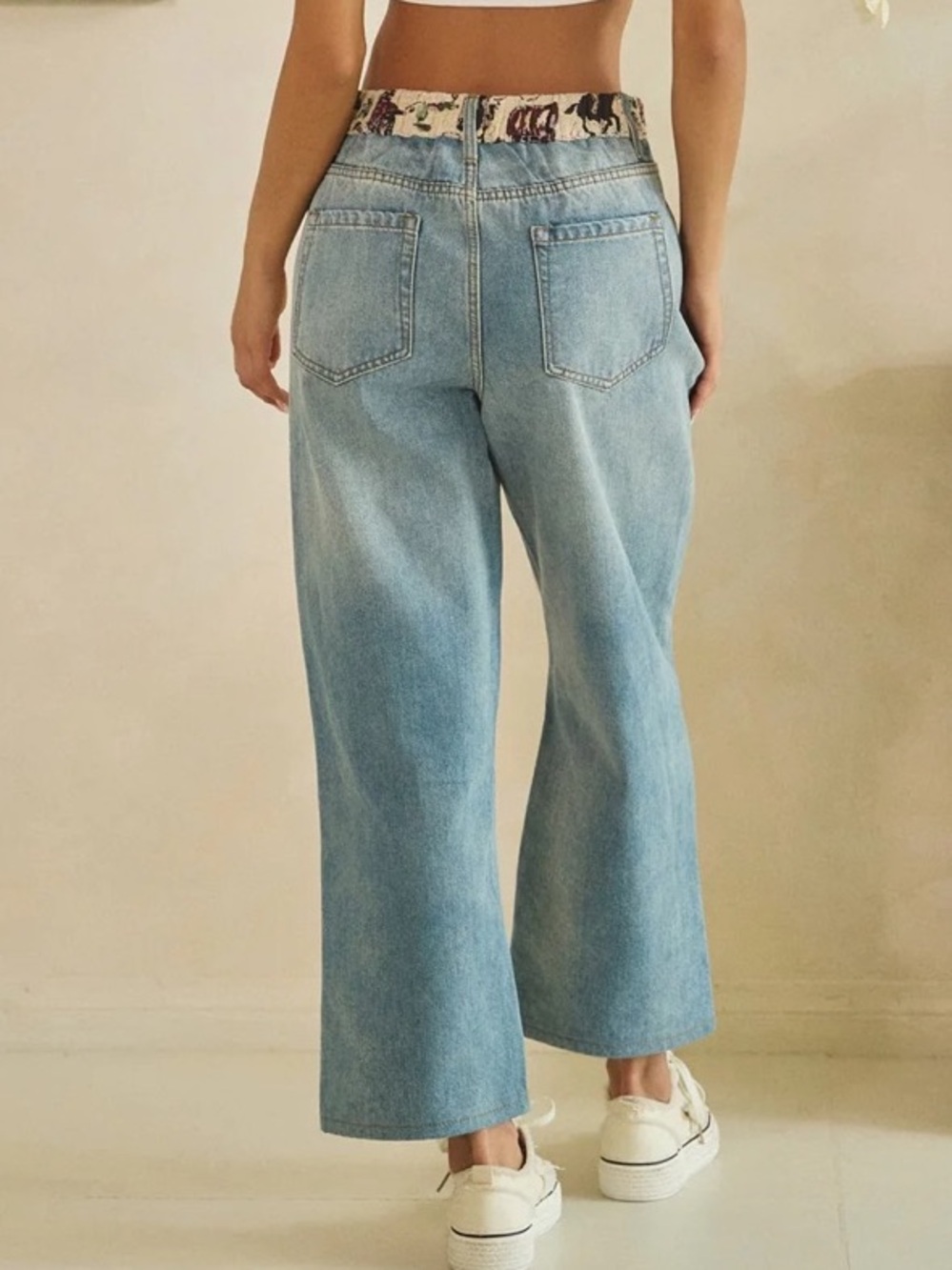 Printed Two-Tone Cowboy Graphic Straight Jeans - Cream & Blue - Picture 4 of 4